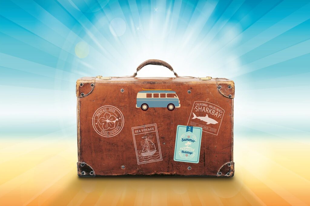 luggage, travel, sunlight, vacations, summer, stickers, volkswagen bus, hawaii, nature, malibu, beach, paradise, holidays, dream, sun rays, suitcase, bag