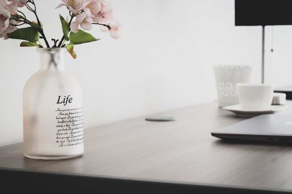 flower vase, decoration, workspace, vase, decor, workplace, home office, office, desk, table, room, home office, office, office, office, office, office, desk, desk, desk, table, table